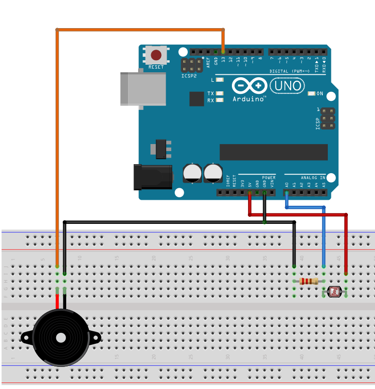 Circuit Diagram for Connecting LDR and Buzzer with Arduino