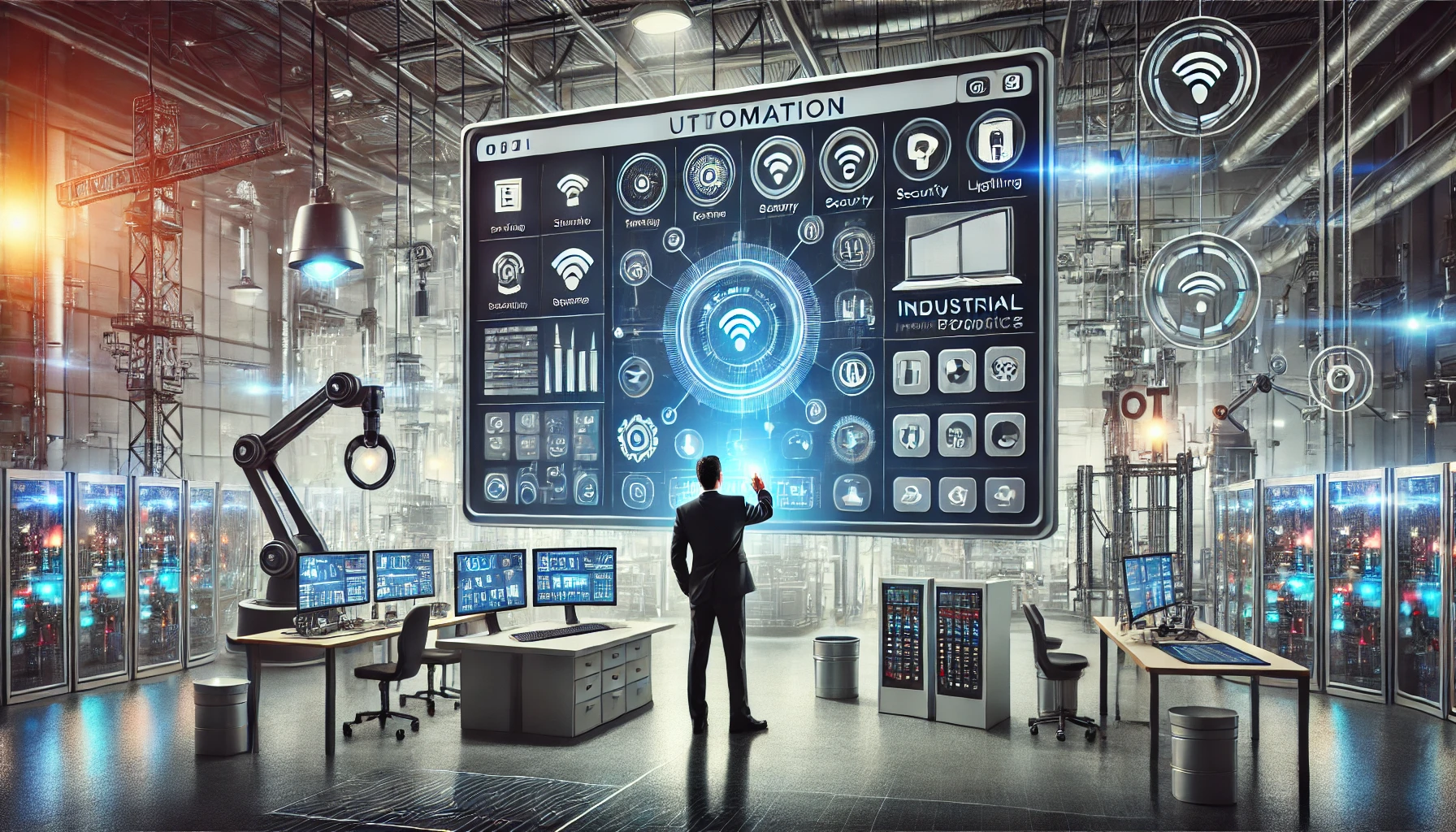 A high-tech automation system controlling various smart devices in an industrial and home environment. The image showcases a futuristic control center