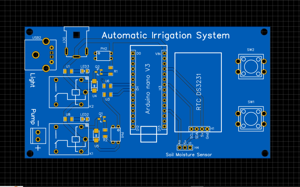 Automatic Irrigation System PCB Design with Arduino Nano and RTC Module Push Button