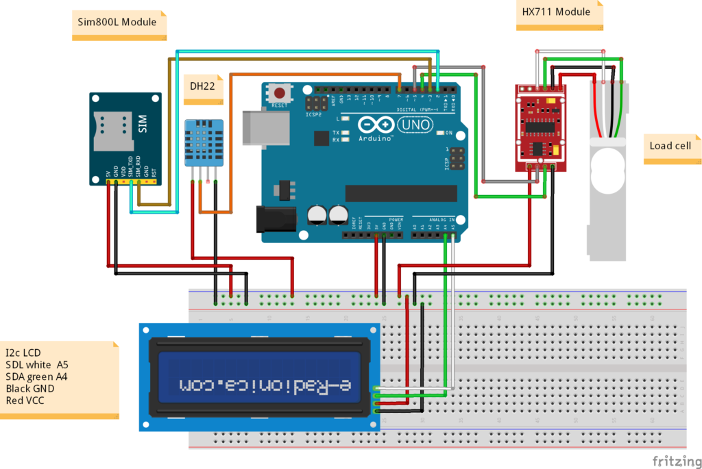 Bee Hives Weight Scale with Arduino, Load Cell, HX711 Sim800L, LCD Circuit Diagram