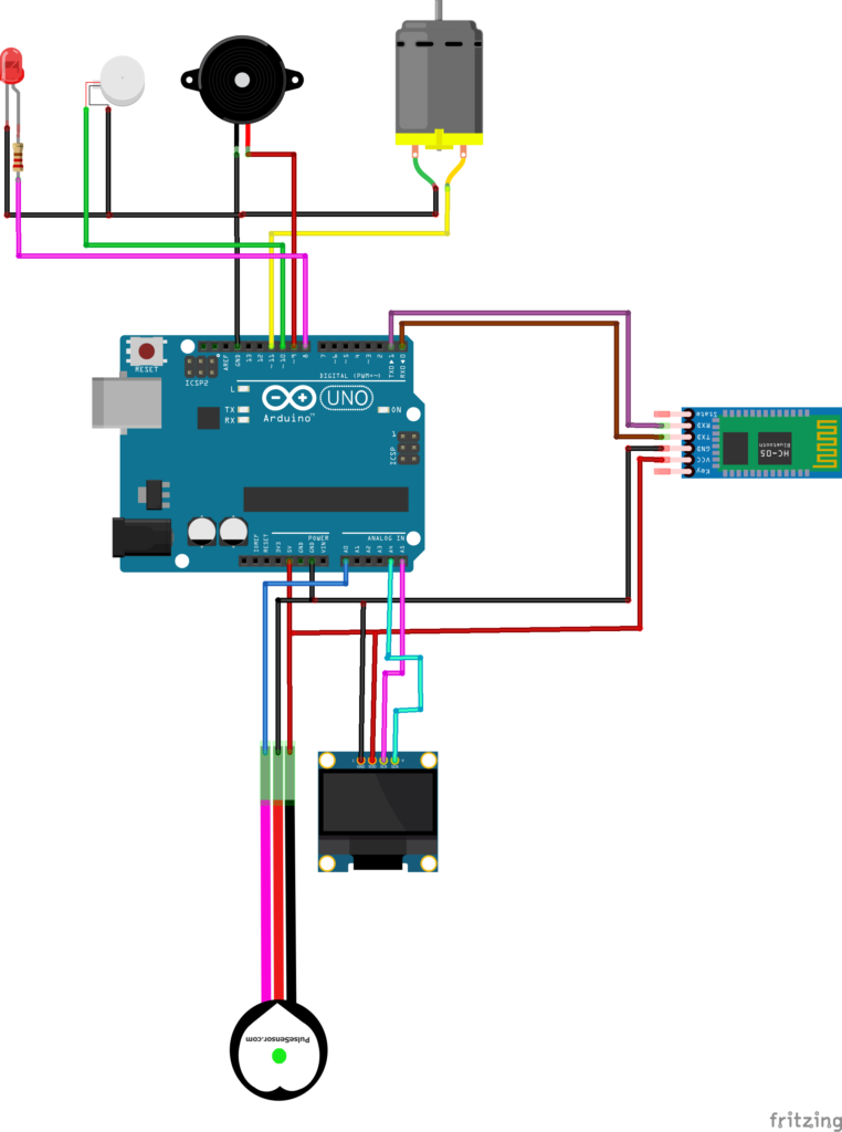 Circuit Diagram of Heart Rate Monitoring Using Arduino, Oled Screen, Bluetooth and Smartphone App