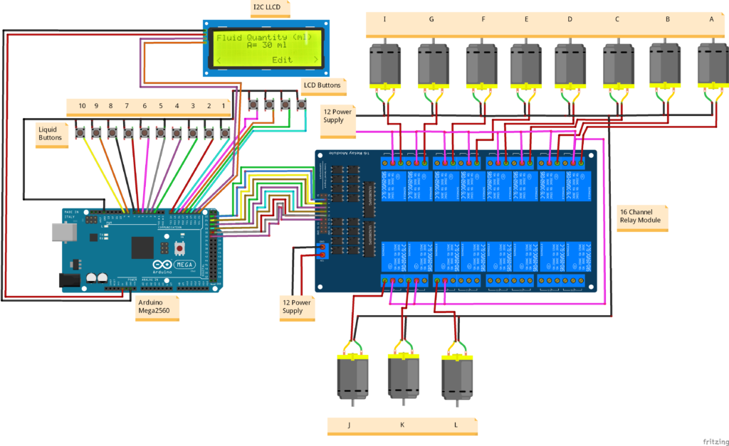 Circuit Diagram of Juice Dispenser Machine Project with Arduino Mega