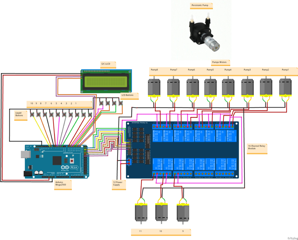 Circuit Diagram of Liquid Vending Machine with Arduino Mega and Peristaltic Pumps